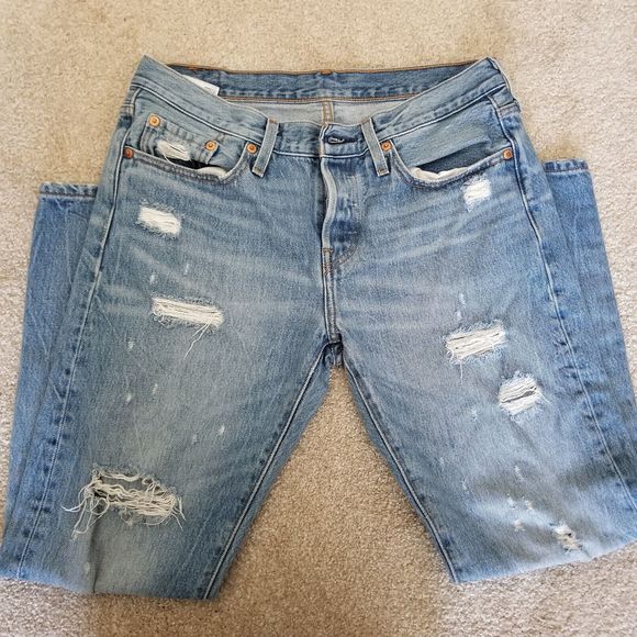 Levi's Denim - Levis 501 T Size 28 Tapered Leg Jeans Button Fly Distressed Medium Wash